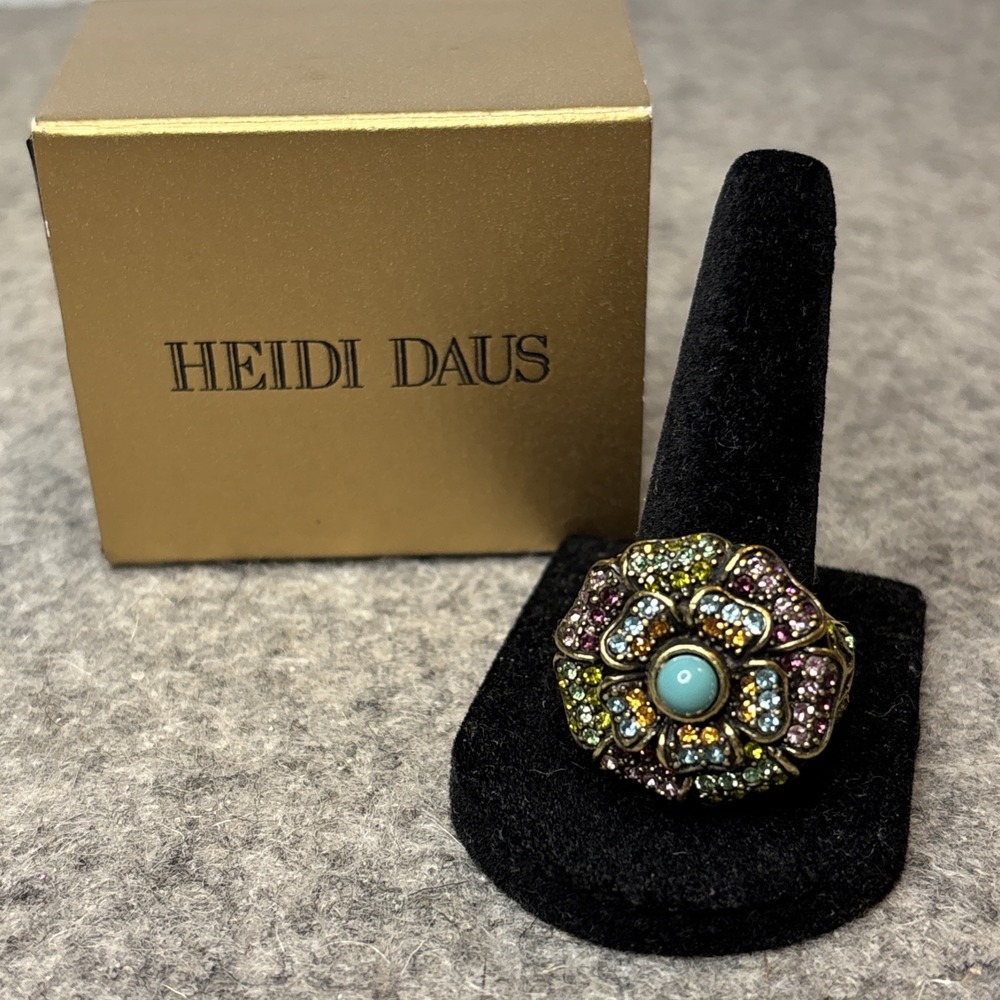 NIB Heidi Daus Signed Floral Ring Size 10 Multicolor Crystal Turquoise Tone